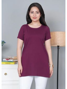 MLADA - Purple Round Neck Half Sleeves Longline Cotton T-Shirt