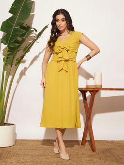 SUGERCANDY - Mustard Solid Bow Detail Meherma Dress