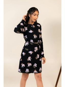 Pretty Pixie - Midnight Iris Floral Long Sleeve Mini Dress With Belt