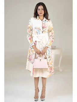 Pretty Pixie - Beige Floral Printed Shirt Midi Dress With Belt
