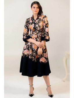 Pretty Pixie - Rosalia Bloom Black Floral Printed Midi Dress With Belt