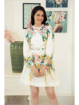 Pretty Pixie - Floral Detail Ruffle-Neck Puff-Sleeve Mini Dress