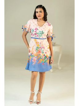 Pretty Pixie - Beige and Blue Riviera Floral V-Neck Mini Dress