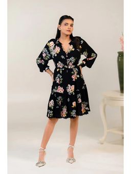 Pretty Pixie - Black Floral Long-Sleeve Tiered Button-Down Dress