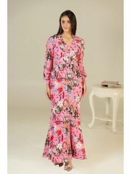Pretty Pixie - Pink Floral V-Neck Long-Sleeve Maxi Dress