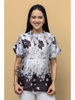 PURYS - Floral Printed Half Kimono Sleeves Satin Shirt