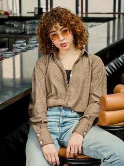 PINACOLADA - Taupe Self Checked Full Sleeve Party Shirt