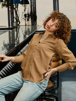 PINACOLADA - Tan Textured Full Sleeve Regular Fit Casual Shirt