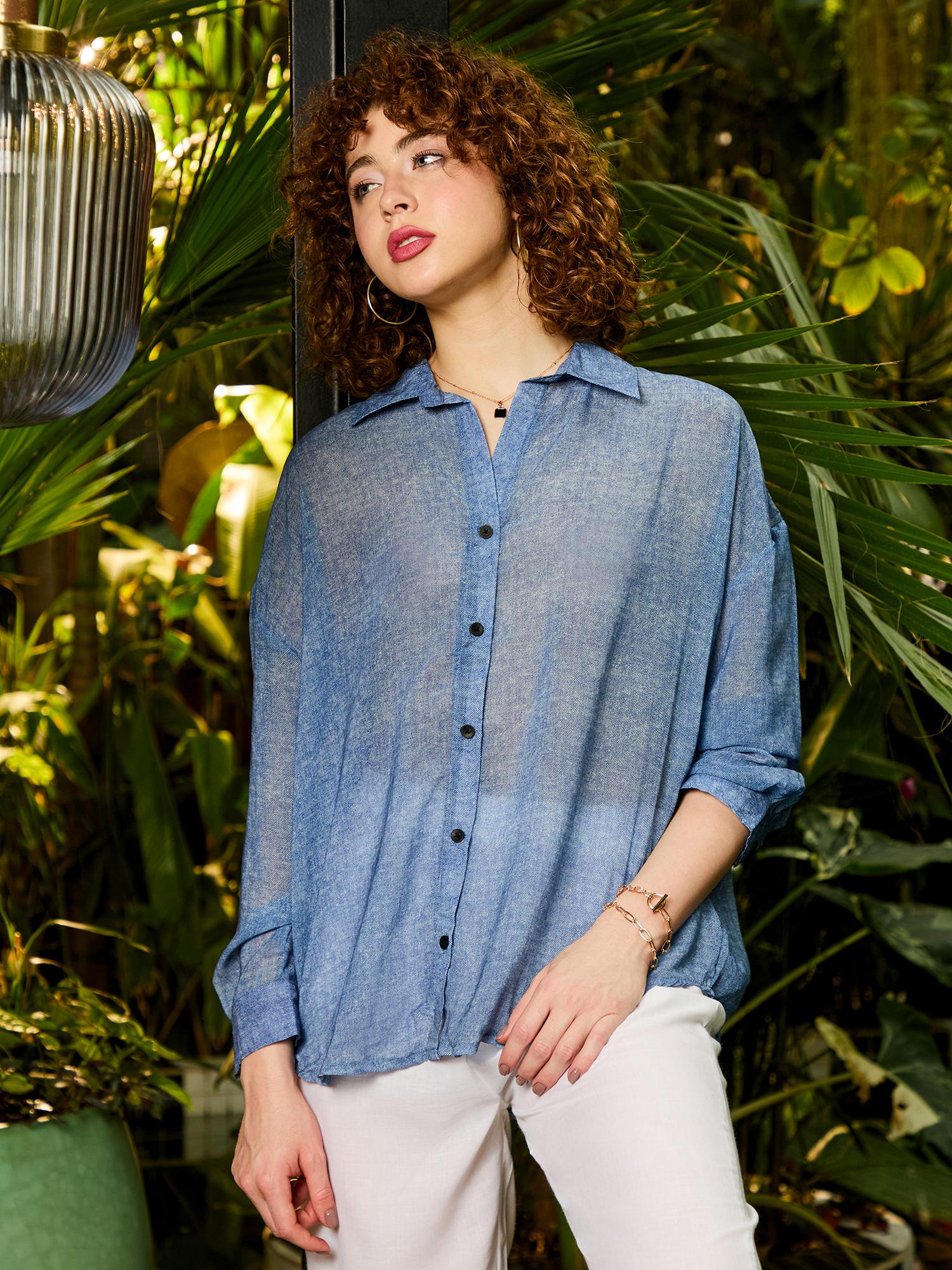 pinacolada Blue Solid Full Sleeve Relaxed Fit Semi Sheer Shirt-picture-17