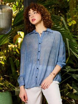PINACOLADA - Blue Solid Full Sleeve Relaxed Fit Semi Sheer Shirt