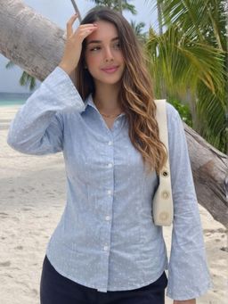 RIGO - Women Sky Blue Cotton Dobby Stripe Shirt