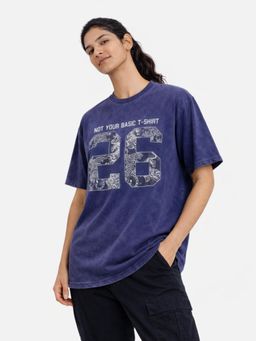 IZF - Blue Acid Wash Typo Printed T-Shirt