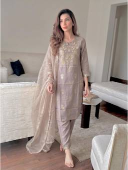 The Suitable - Mocha Mousse Zari Resham Embroidered Kurta with Pant and Dupatta