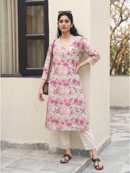 The Suitable - Hazel Pink Floral Printed Crochet Lace Detailing Kurta with Pant