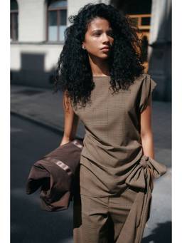 H&M - Women Brown Tie-detail boat-neck top