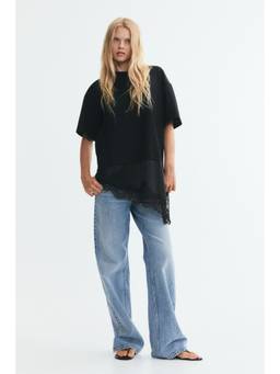 H&M - Women Black Lace-trimmed asymmetric T-shirt