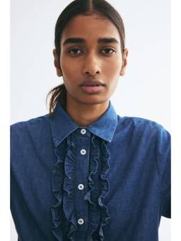 H&M - Women Blue Frill-Trimmed Denim Shirt