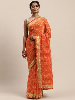 Vastranand - Orange Poly Georgette Printed Bandhani Saree with Unstitched Blouse