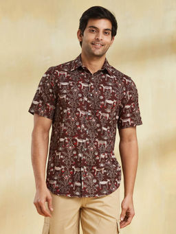 Fabindia - Dark Brown Cotton Dabu Printed Slim Fit Shirt