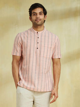 Fabindia - Pink Cotton Striped Mid Placket Shirt