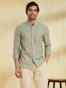 Fabindia - Olive Cotton Slim Fit Striped Shirt
