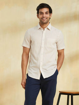 Fabindia - Beige Cotton Slim Fit Striped Shirt