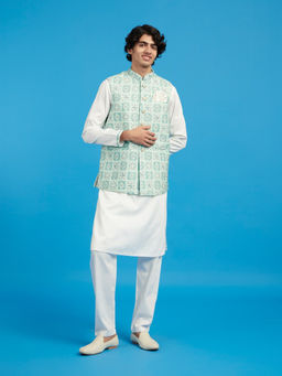 Diwas by Manyavar - Men Green Chikankari Embroidery Kurta with Pyjama and Jacket