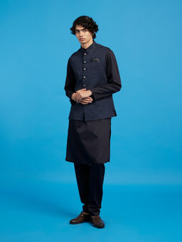 Diwas by Manyavar - Men Blue Cotton Solid Kurta with Pyjama and Jacket
