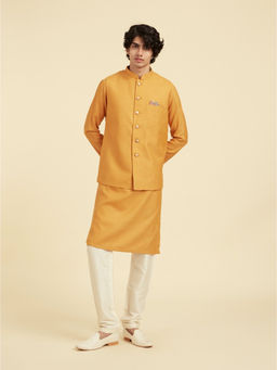 Diwas by Manyavar - Men Yellow Viscose Blend Textured Kurta with Pyjama and Jacket