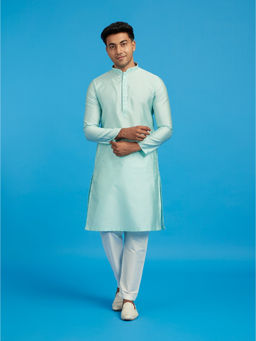 Diwas by Manyavar - Men Blue Art Silk Jacquard Woven Kurta with Pyjama