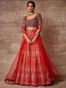 Odette - Red Organza Embroidered Semi Stitched Lehenga with Unstitched Blouse For Women (Set of 3)