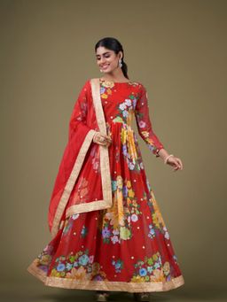 Odette - Red Faux Georgette Printed Semi Stitched Kurta with Bottom & Dupatta with Dupatta (Set of 3)