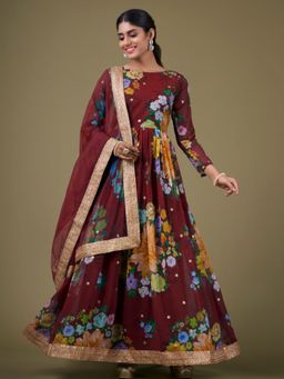 Odette - Maroon Georgette Printed Semi Stitched Kurta with Bottom & Dupatta with Dupatta (Set of 3)