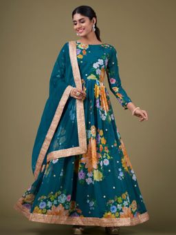 Odette - Teal Faux Georgette Printed Semi Stitched Kurta with Bottom & Dupatta with Dupatta (Set of 3)