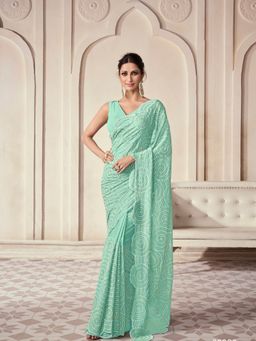 Odette - Light Green Georgette Embroidered Saree with Unstitched Blouse For Women