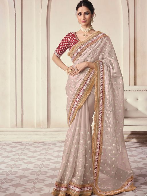 Odette Beige Organza Embroidered Saree with Unstitched Blouse For Women