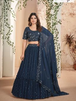 Odette - Navy Blue Georgette Embroidered Semi Stitched Lehenga with Unstitched Blouse (Set of 3)