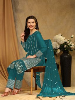 Odette - Teal Georgette Embroidered Semi Stitched Kurta with Bottom & Dupatta For Women (Set of 3)