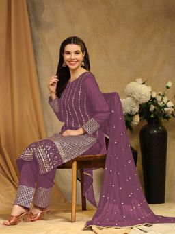 Odette - Wine Georgette Embroidered Semi Stitched Kurta with Bottom & Dupatta For Women (Set of 3)