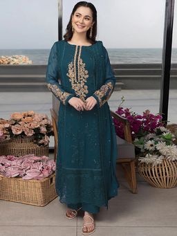 Odette - Teal Georgette Embroidered Semi Stitched Kurta with Bottom & Dupatta For Women (Set of 3)