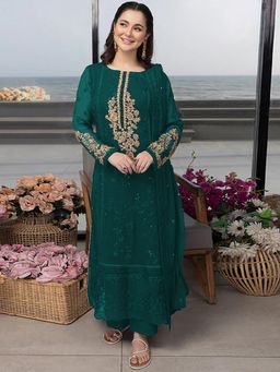 Odette - Teal Georgette Embroidered Semi Stitched Kurta with Bottom & Dupatta For Women (Set of 3)