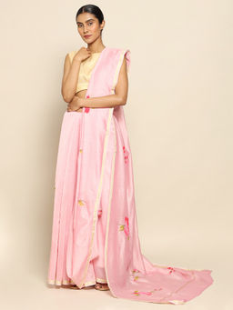 CHOWDHRAIN - Pink hi pink Handpainted Chanderi Saree with Unstitched Blouse Piece