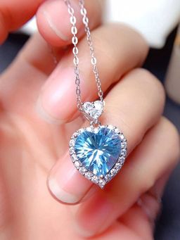 Designs & You - Silver Plated American Diamond Ice Cut Blue Heart Shape Pendant Necklace