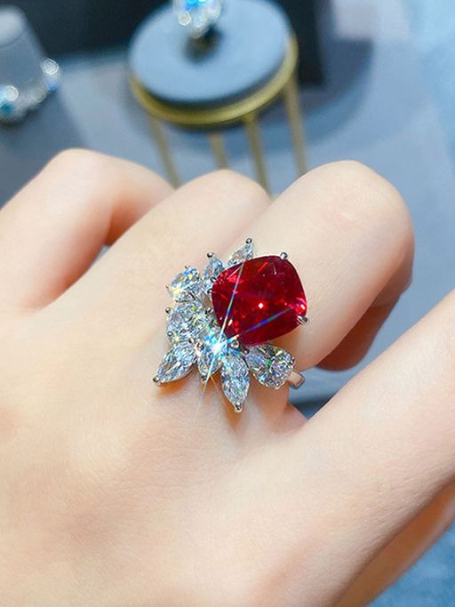 Designs & You Silver Plated American Diamond Crushed Ice Cut Red Contemporary Finger Ring