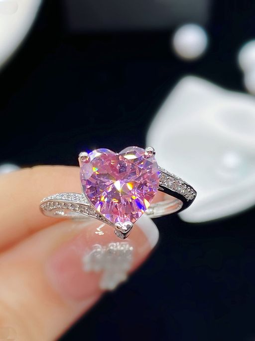 Designs & You Silver Plated American Diamond Crushed Ice Cut Pink Heart Shape Finger Ring