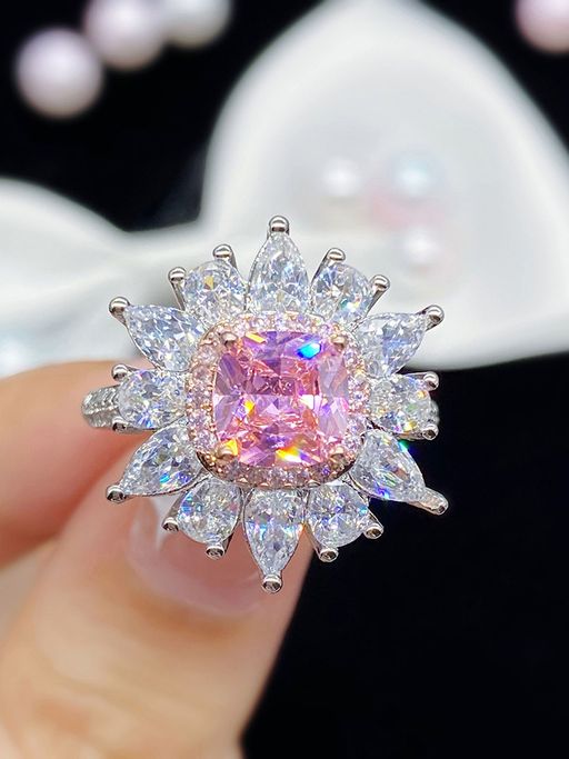 Designs & You Silver Plated American Diamond Crushed Ice Cut Pink Floral Cocktail Finger Ring