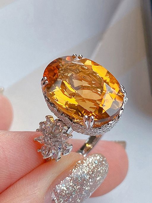 Designs & You Silver Plated American Diamond Crushed Ice Cut Yellow Oval Finger Ring