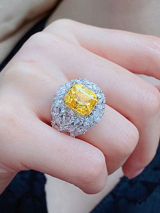 Designs & You Silver Plated American Diamond Crushed Ice Cut Yellow Square Finger Ring