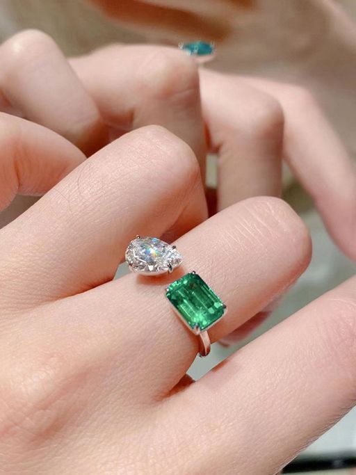 Designs & You Silver Plated American Diamond Crushed Ice Cut Green Rectangular Finger Ring