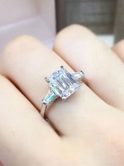 Designs & You - Silver Plated American Diamond Crushed Ice Cut White Rectangular Finger Ring